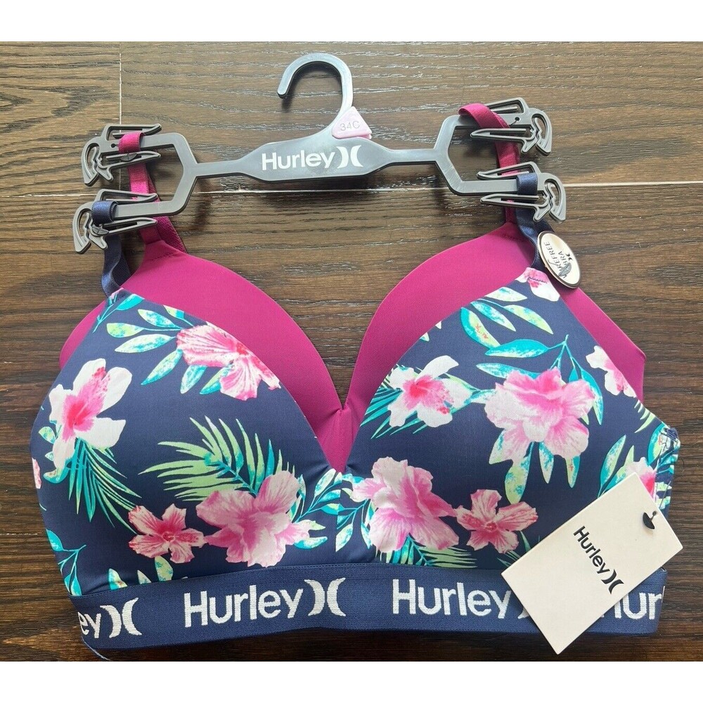 New Hurley 34 C Bra Lot of 2 Wire Free Padded Hawaiian Bloom Navy & Burgundy 34C